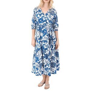 Zingara Blue White Floral Half Sleeve Midi Tea Dress Women's Size Small